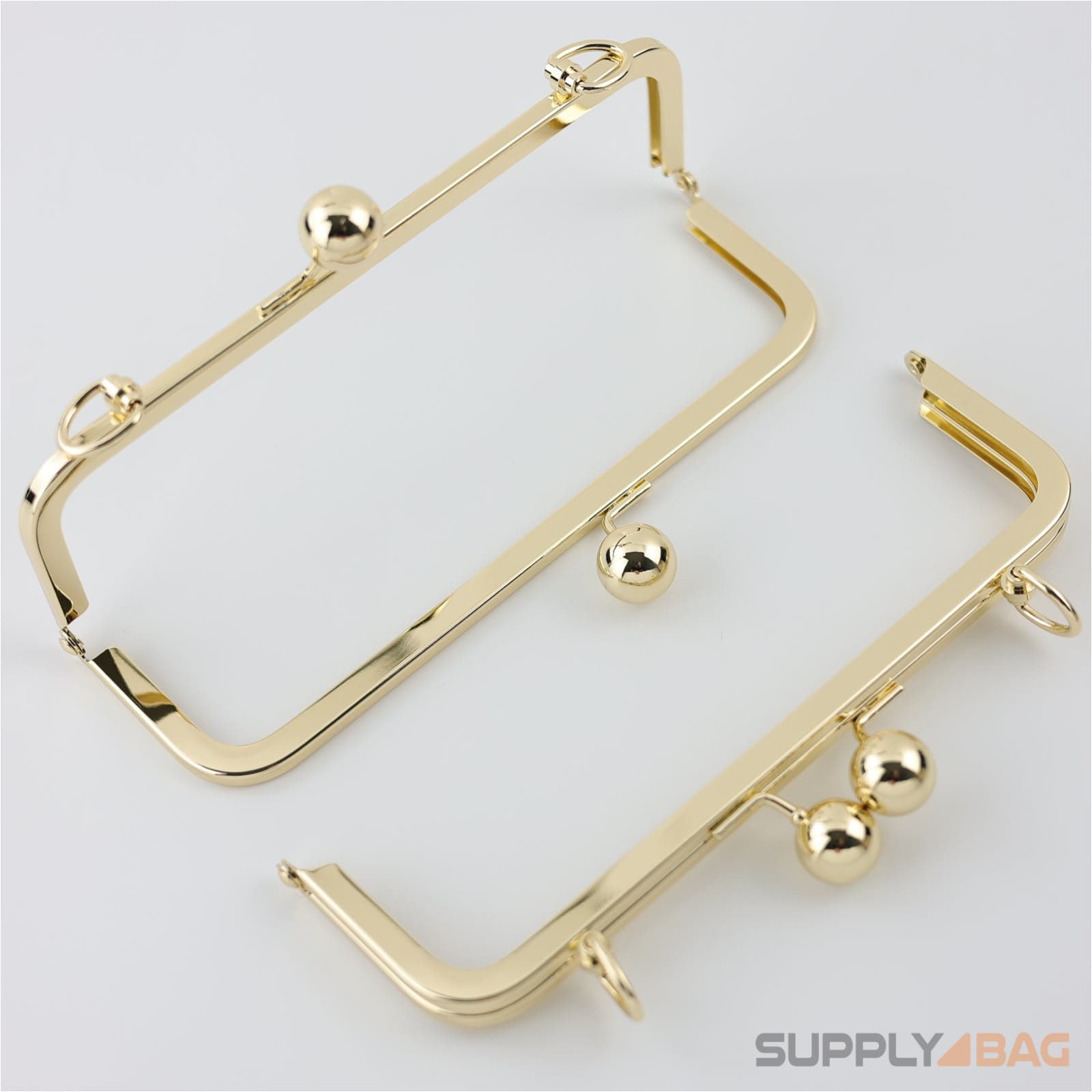 8 x 2.5 inch - Kisslock Shiny Gold Metal Purse Frame with D Rings